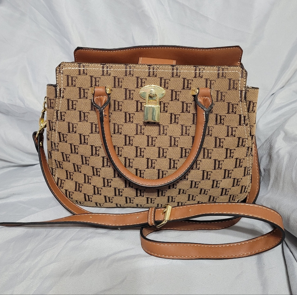 London Fog Beige and Brown Monogram Satchel